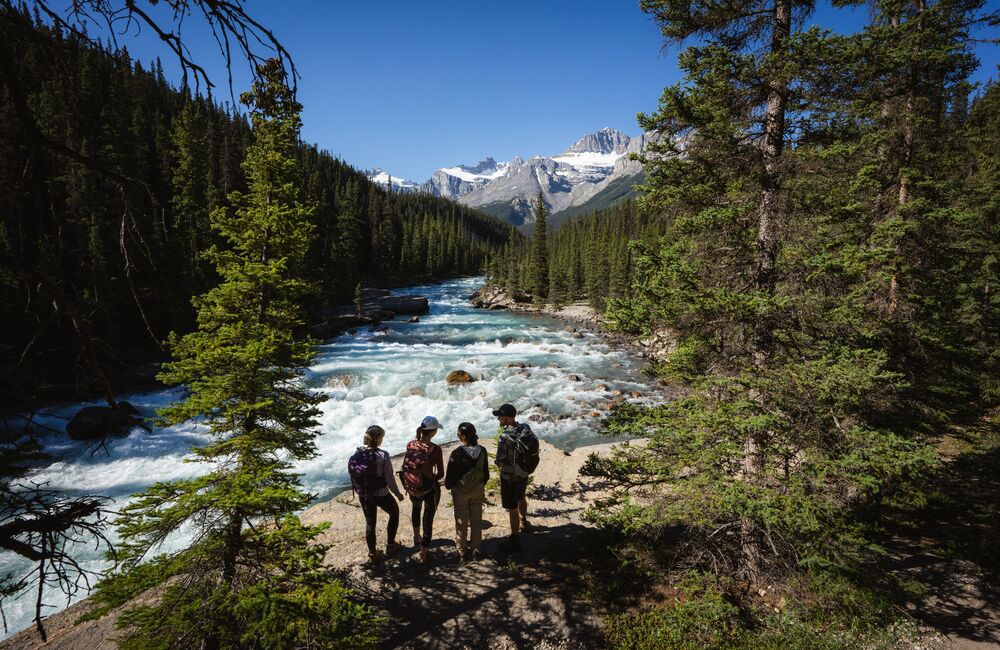 Group of friends taking in the views at Mistaya Canyon on the Icefields Parkway
